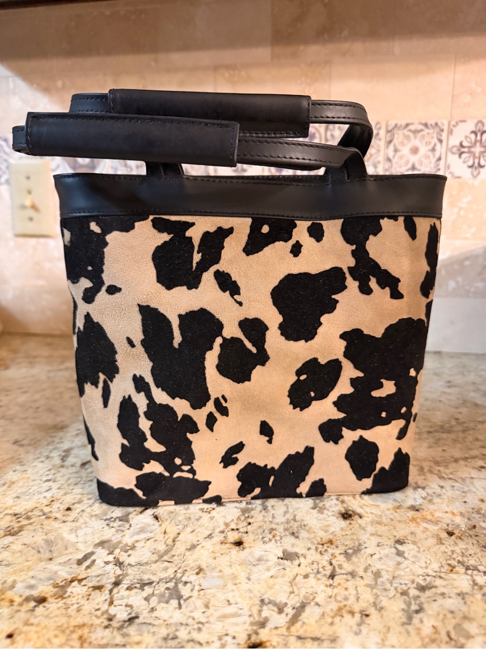 Vintage Andre Assous ESPLA Cow Print Tote Bag NIB Deadstock Cream/Black